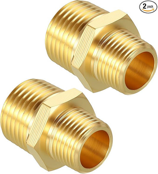 Pack of 2, 1/2" MNPT to 3/8" MNPT Solid Brass Hex Nipple Hose Connectors, Male Pipe Adapter for Pipe Leak Repair, Bathroom Remodeling, Tool Extensions, Compression
