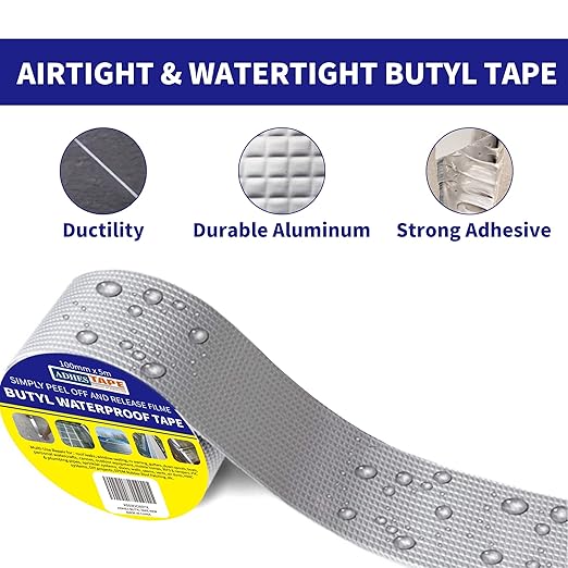 ADHES Butyl Tape Waterproof Tape Aluminum Foil Tape Sealant Tape 4in x 16ft for RV Repair, Window, Boat and Pipe Sealing, Glass & EDPM Rubber Roof Patching(Model:RA100-2,Glue Color:Grey)