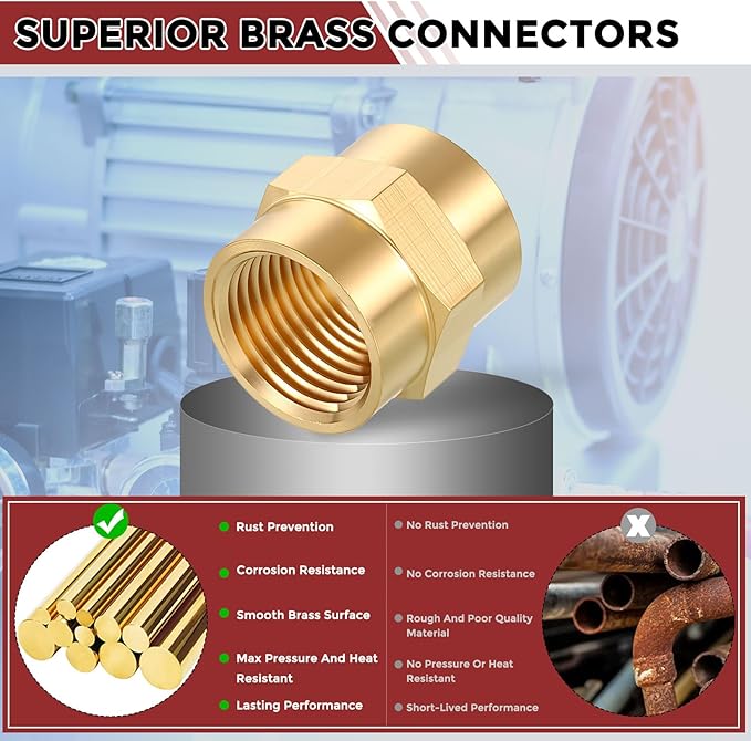 Pack of 6, 1/2" NPT FeMale to 1/2" NPT FeMale Solid Brass Pipe Fitting Coupler, Brass Coupling Hose Fittings Adapter for Pipe Leak Repair, Bathroom Remodeling, Tool Extensions