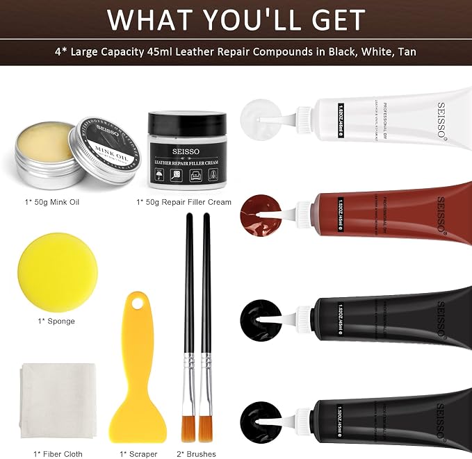 SEISSO Leather Repair Kit for Furniture, Vinyl Leather Repair Kit Car Interior Leather Dye with Mink Oil, Leather Filler Restore for Sofa Couch Cat Scratches