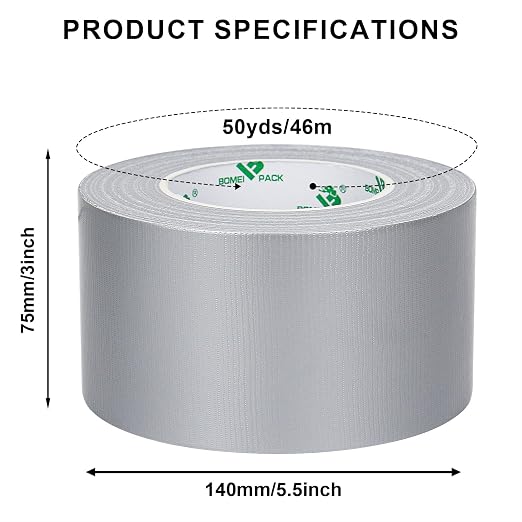BOMEI PACK 3 in x 50 Yards Silver Heavy Duty Duct Tape Strong Adhesive, 9.05mil Duct Heavy Duty Waterproof All Weather Gray Duct Tape No Residue Sealing & Patching for Indoor&Outdoor Repair