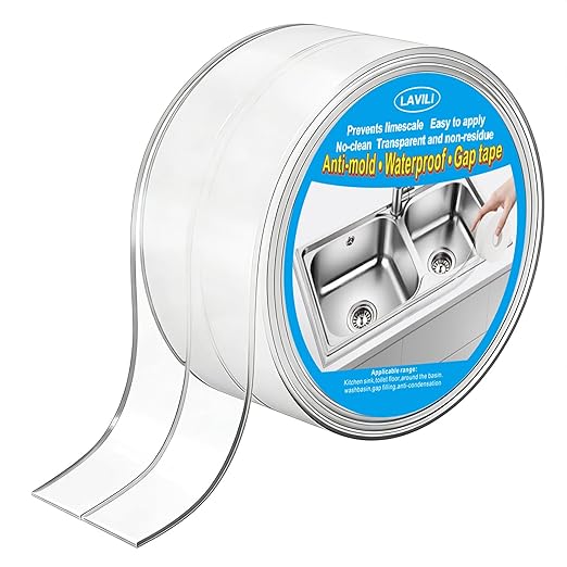 Caulk Tape Waterproof Self Adhesive, Kitchen Tape, LAVILI Toilet Sealer Around Toilet Base Waterproof Sealant Strip for Kitchen Countertop, Bathroom, Toilet, (Clear 3.7cm x 10.1Ft)