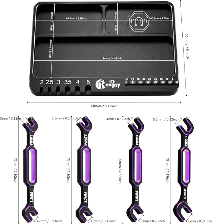 4PCS Wrench 3.0/3.2/3.5/3.7/4.0/5.0/5.5/6.0mm Turnbuckle Nut Ball Joint Remover with RC Screw Tray for RC Car Boat Model Repair Tool Kit (Purple)