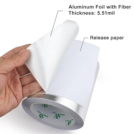 BOMEI PACK Adhesive Aluminum Foil Heat Shield Tape 1 Pack 5 inch x 66ft, Barrier Fiberglass Thermal Insulation Reflective Material High Temp Protectionn