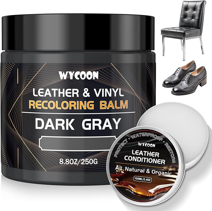 Leather Recoloring Balm with 100ml Mink Oil Conditioner | Dark Gray Repair Kit, Dye & Color Restorer for Furniture, Sofa, Car Seats, Bags | Restore Faded & Scratched Surfaces