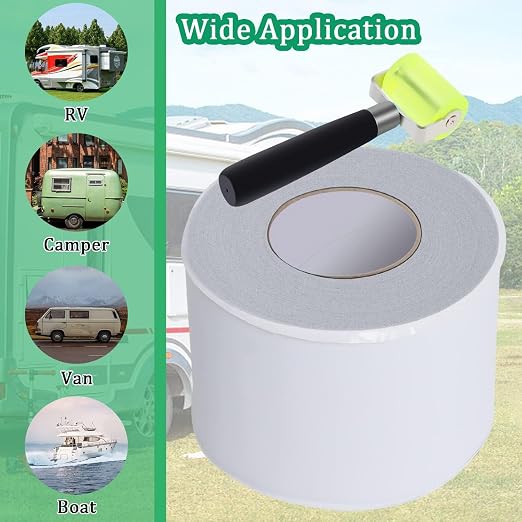 RV Roof Tape White, 6 Inch X 50 Feet RV Sealant Tape with Rubber Roller, Roof Patch Repair Tape for Camper Roof Repair, Use on Various Motorhomes Roof Surfaces, Seaming Patching Waterproof Butyl Tape