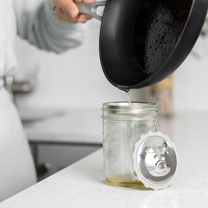 Jarware Stainless Steel Kitchen and Bacon Grease Strainer Lid For Wide Mouth Mason Jars, 3.38" x 1" Grease Keeper Lid