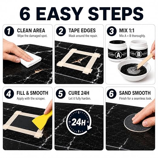 Black Quartz Countertop Repair Kit, Professional Tile, Marble and Granite Repair Kit for Edge Chips, Cracks, Scratches and Holes on Quartz, Marble, Porcelain and Other Stone Surfaces