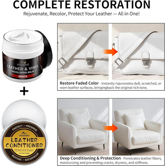 Leather Recoloring Balm with 100ml Mink Oil, White Leather Repair Kit and Scratch Remover for Furniture, Car Seats, Sofas, Dye & Restorer for Couches, Vinyl, PU, Faux