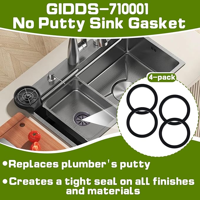 GIDDS-710001 Sink Gasket with Adhesive, No Putty Sink Gasket 3-3/8" (4 Pack), Self-Adhesive Kitchen Sink Drain Seal Replacement Fits All Standard Drain Attachments, Durable Leak-Free Rubber Gasket
