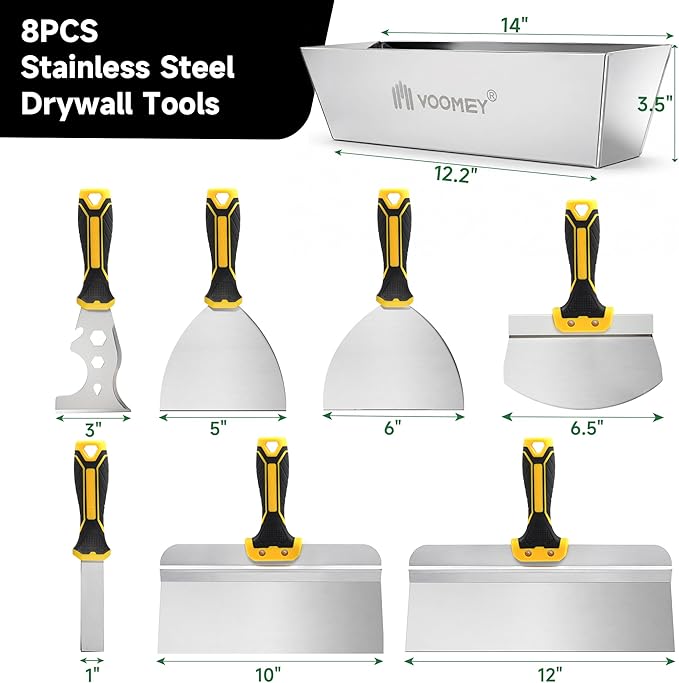 Voomey Drywall Tool Kit 8Pcs Stainless Steel Putty Knife Set with Taping Knives,Painter Scraper,Mud Pan and Scoop for Drywall Joint Taping, Finishing,Wall Repair,and Patching