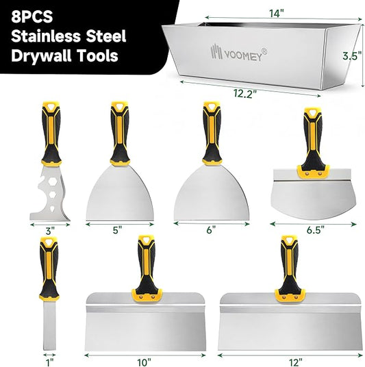 Voomey Drywall Tool Kit 8Pcs Stainless Steel Putty Knife Set with Taping Knives,Painter Scraper,Mud Pan and Scoop for Drywall Joint Taping, Finishing,Wall Repair,and Patching