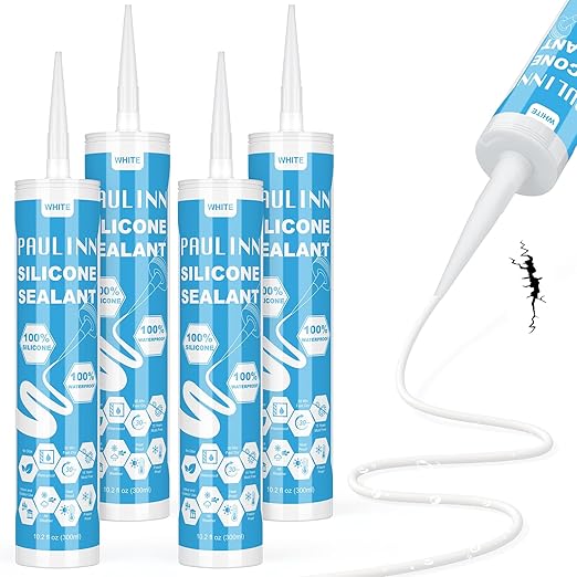 PAULINN 4 Pack White Silicone Caulk Waterproof 100% Silicone Caulk for Kitchen & Bathroom