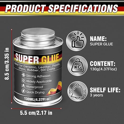 Super Glue, Super Glue All Purpose with Built-in Brush Applicator,130ml Quick Dry Waterproof Adhesive, Superglue for Shoes, Wood, Leather, Rubber, Plastic, Metal (130, Milliliters)