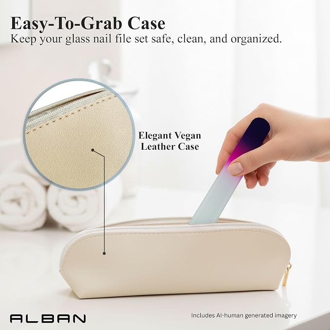 Alban Czech Glass Nail File Set with Manicure Stick & Vegan Leather Cosmetic Case (Purple-Pink Nail Files, Royal Manicure Stick & Cream Cosmetic Case)