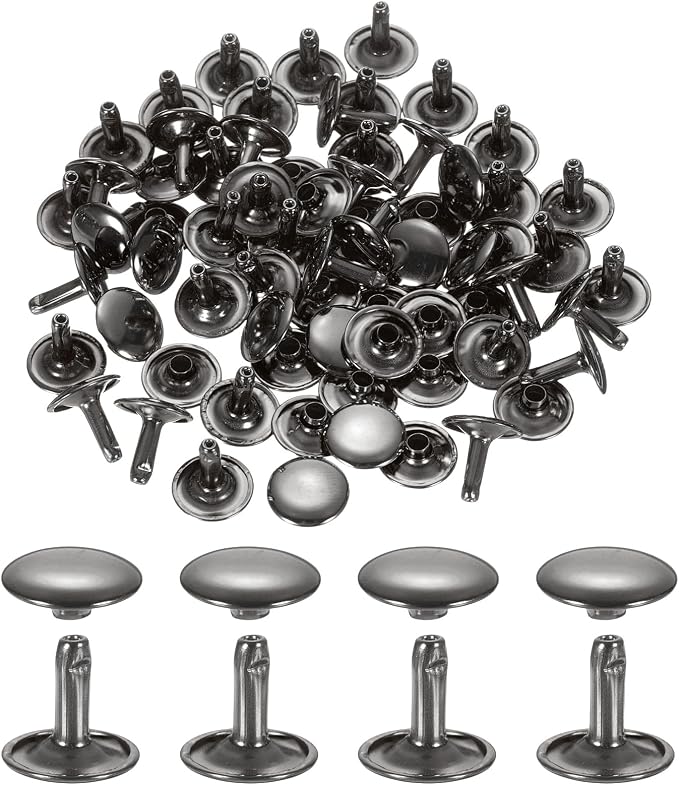 uxcell 120Set Leather Rivets, 12mm Double Cap Rivet Tubular Metal Studs Repairs Decoration Craft Accessories for Repair Decorate Leather Craft Belt Bag Shoes Purse Belts, Metallic Black