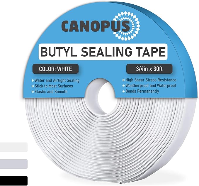 CANOPUS Butyl Seal Tape, White, 1/8-in x 3/4-in x 30-ft, Heavy Duty, Waterproof Sealant Putty Tape, Rubber Tape to Seal RV, Boat, Home Pipes and Car Windows Leaks