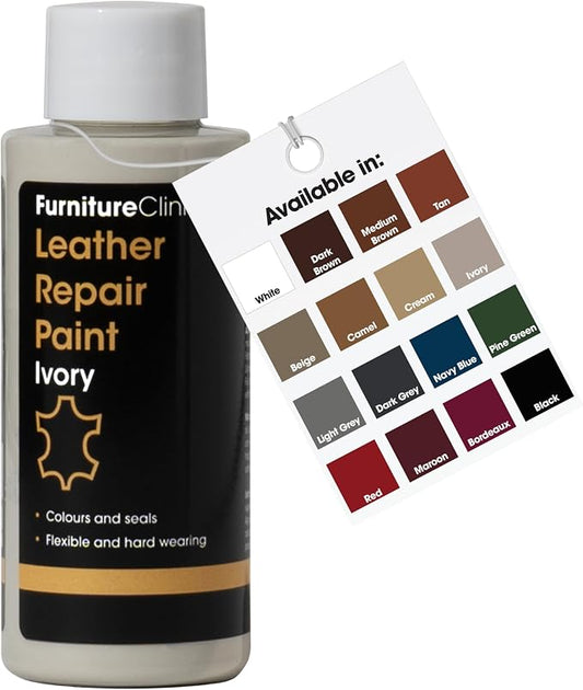 Furniture Clinic Leather Repair Paint | 2-in-1 Seal and Color | Use on Scratches, Tears, and Holes in Car Seats, Furniture | Quick and Easy Leather Repair Kit for Furniture (Ivory, 50ml / 1.7oz)