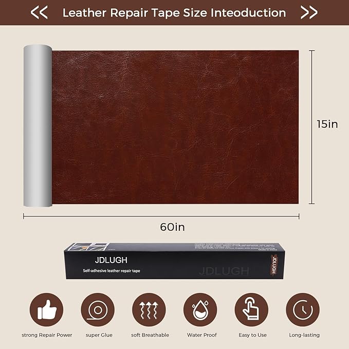 JDLUGH Sofa Leather Repair Patch Tape 15x60 Inch Large Self Adhesive Leather Sofa, Car Seat, Leather Furniture, Vinyl Repair Patch Kit (15x60 Inch,Brown 3.0/Dark Brown 3.0)