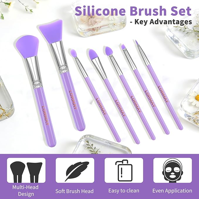 LORMAY 7 Pcs Silicone Brush Applicator Kit for UV Resin Epoxy Art Crafts and Cream Makeup Products (Purple)