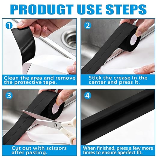 Black Caulk Tape, Bathroom 1.5" x 10.5Ft Caulking Silicone Waterproof for Shower, Bathtub, Toilet Seal, Sink Edge Protector Kitchen Tape, Self-Adhesive Peel and Stick Removable Caulk Strip