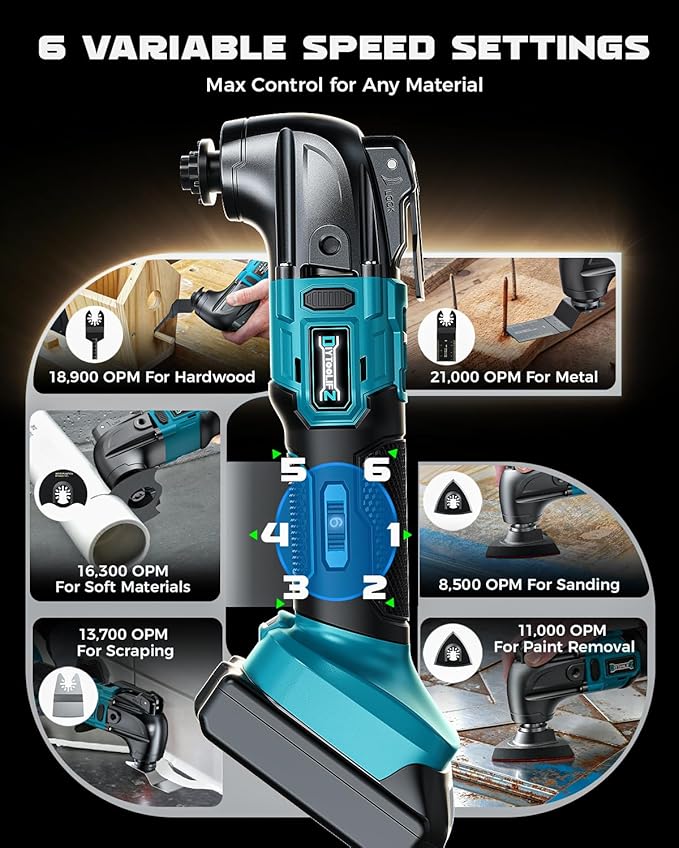 DIYtoolifz Cordless Oscillating Tool Compatible with Makita 18V, 6 Variable Speed Brushless-Motor Tool, Oscillating multi tool kit for Cutting Wood Nails Remove Grout & Sanding, Tool Only