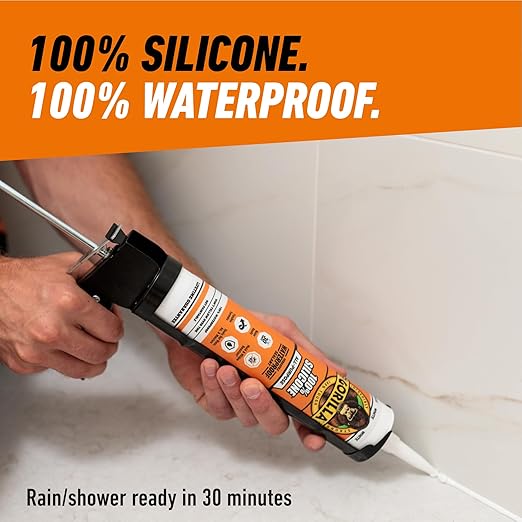 Gorilla 100% Silicone Waterproof Caulk, All‑Purpose Sealant, Mold & Mildew Resistant, Flexible Seal, White, 10 oz Cartridge (Pack of 1)