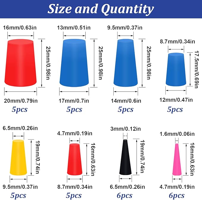 Tnisesm 42Pcs High Temp Silicone Rubber Tapered Plug Kit 1/16" to 3/4" for Powder Coating, Cerakote, Paint & General Sealing - Non-Toxic, Flexible & Reusable