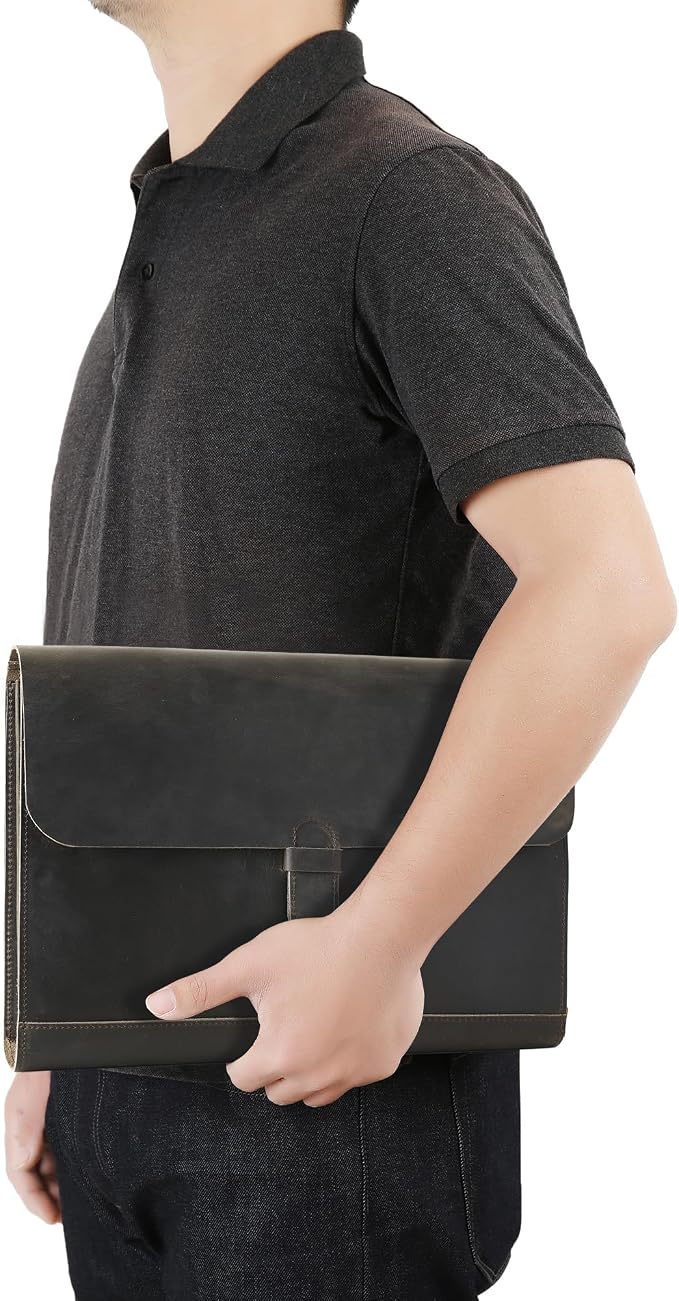 Genuine Leather File Folder, Accordian File Organizer, Leather Document Holder Resume Folio for Men & Women - Grey