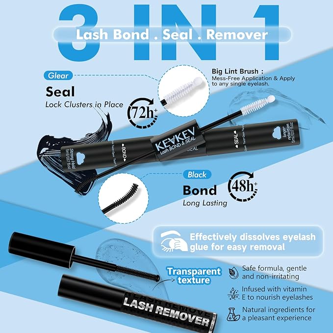 Lash Bond and Seal Lash Remover For Lash Extensions 3 In 1 Kit Strong Hold Bond and Seal Lash Glue Gentle Quick Removal Lash Cluster Remover DIY Lash Extension At Home,Easy to Use(10ml+5ml)