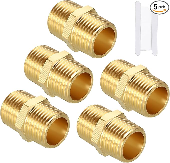 Pack of 5, 1/2" MNPT to 1/2" MNPT Solid Brass Hex Nipple Hose Connectors W/Sealing Tape, Male Pipe Adapter for Pipe Leak Repair, Bathroom Remodeling, Tool Extensions, Compression