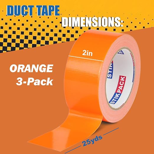 3 Rolls Orange Duct Tape, Heavy Duty Strong Industrial Colored Duct Tape 9mil x 2inch x 25yds Flexible, No Residue, Waterproof and Tear by Hand, Multi-Use for Indoor & Outdoor Repairs