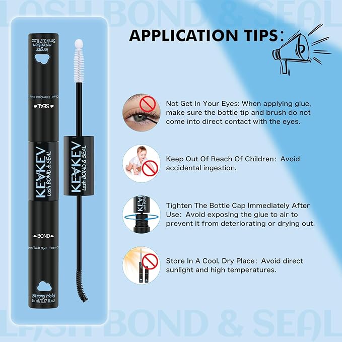 KEVKEV Lash Cluster Glue, Bond And Seal Lash Glue, 2 in 1 Waterproof Lash Bond & Seal for Clusters Strong Hold 72H+ Oilproof Latex-Free Easy To Apply (10ml, Black)
