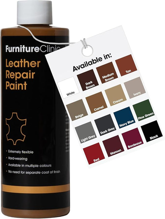 Furniture Clinic Leather Repair Paint | 2-in-1 Seal and Color | Use on Scratches, Tears, and Holes in Car Seats, Furniture | Quick and Easy Leather Repair Kit for Furniture (Camel, 500ml / 17oz)