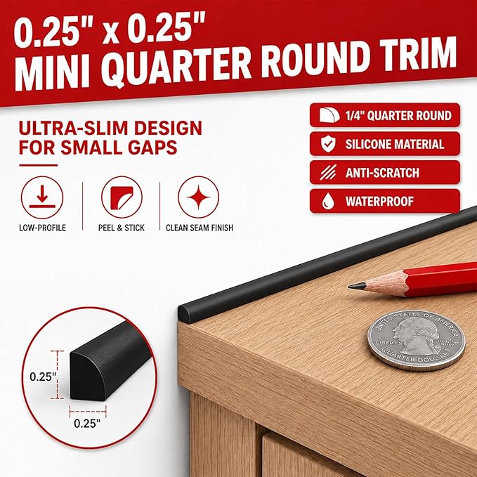 0.25" x 0.25" Mini Quarter Round Molding,10FT Self Adhesive Flexible Trim for Small Gaps, Countertop Wall Seam, Window Sill, Desk & Cabinet Edge, Peel and Stick Finishing Strip