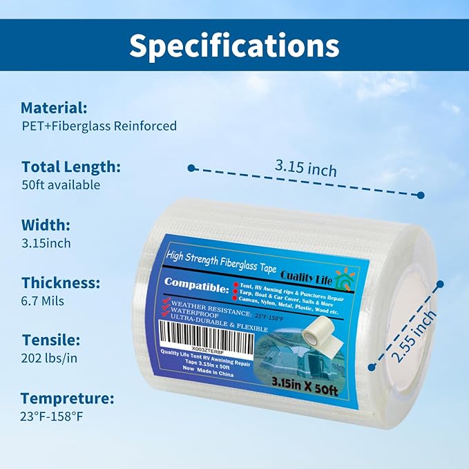 RV Awning Repair Tape, Tent, Waterproof Tarp, Car Cover, Boat Covers, Sail Tape, Outdoor Umbrella Fiber Glass Repair Tape 3.15in