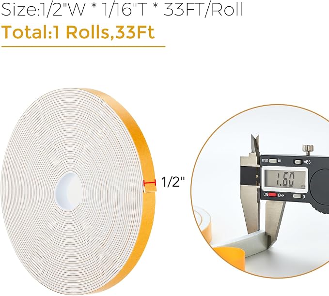 33 Feet Weather Stripping Door Seal, 1/2" Wide X 1/16" Thick Door Seal Strip High Density Foam Tape Adhesive Strip for Door Soundproofing,Window Insulation (1/2" x 1/16" x 33FT,White)