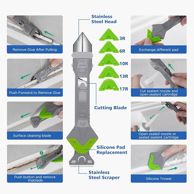 11pc Caulk Remover Tool,5 in 1 Silicone Caulking Tools,Grout Removal Stainless Steel Caulk Tool Kit with 5 Exchange Silicone Head, 4pc Glass Glue Angle Scraper,2pc blade for Kitchen,Bathroom