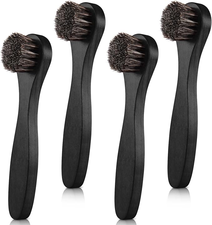 4 Pcs Horsehair Shine Shoes Brush Kit Polish Dauber Applicators Cleaning Leather Shoes Boots Care Brushes Suede Cleaner Brush with Microfiber Shoe Cloth(Black Handle A)