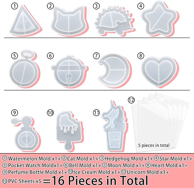 FUNSHOWCASE Resin Shaker Molds Set Charms Pendant Jewelry Making Supplies 11 Trays Bundle with 5 Seal Films and Tutorial Manual