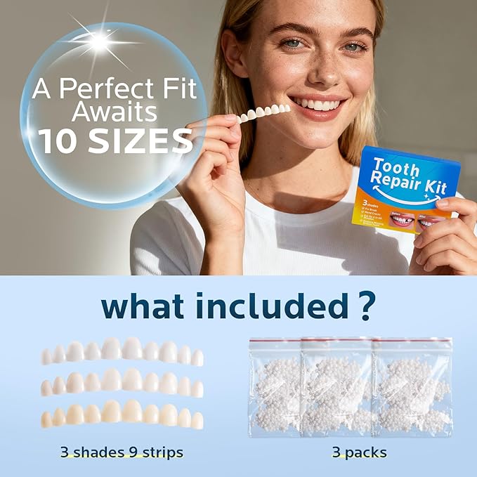 Temporary Tooth Repair Kit: Moldable Thermal Beads Replacement Kit Replace Missing or Broken Tooth Filling The Gap - Come with 3 Shades 10 Size