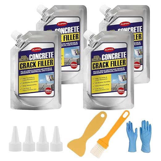 Self-Leveling Concrete Crack Filler – High Elasticity Waterproof Cement Sealant, 70.6oz Fast-Drying DIY Outdoor Concrete Joint Repair Seal Glue for Driveway, Sidewalk, Patio, Garage Floor - 4Pack Gray