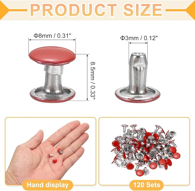 uxcell 120Set Leather Rivets, 8mm Double Cap Rivet Tubular Metal Studs Repairs Decoration Craft Accessories for Repair Decorate Leather Craft Belt Bag Shoes Purse Belts, Red