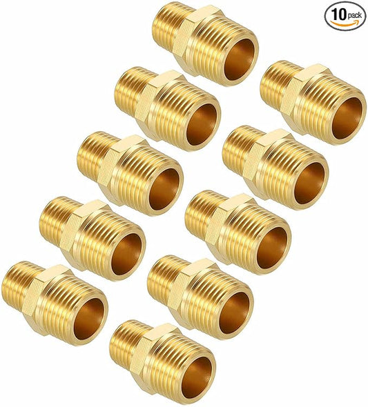 Pack of 10, 3/8" MNPT To 1/4" MNPT Solid Brass Hex Nipple Hose Connectors W/Sealing Tapes, Male Pipe Adapter for Pipe Leak Repair, Bathroom Remodeling, Tool Extension, Compression