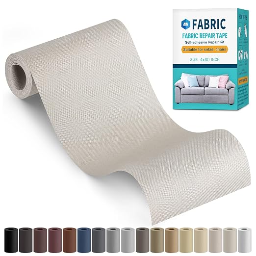 Fabric Repair Tape, Self-Adhesive Couch Patch Repair Fabric Patches for Furniture, Couch Repairing Kit Tape for Upholstery, Carpets, Chairs, Sofas, Pillows Linen 4x80 Inch Beige Grey
