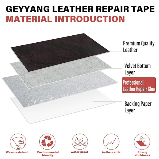 GEYYANG Leather Repair Tape, 4 x 63 Inch Self-Adhesive Leather Repair Kit for Furniture, Car Seats, Chairs, Sofas, Boats Vinyl, Dark Brown - Pattern Grain