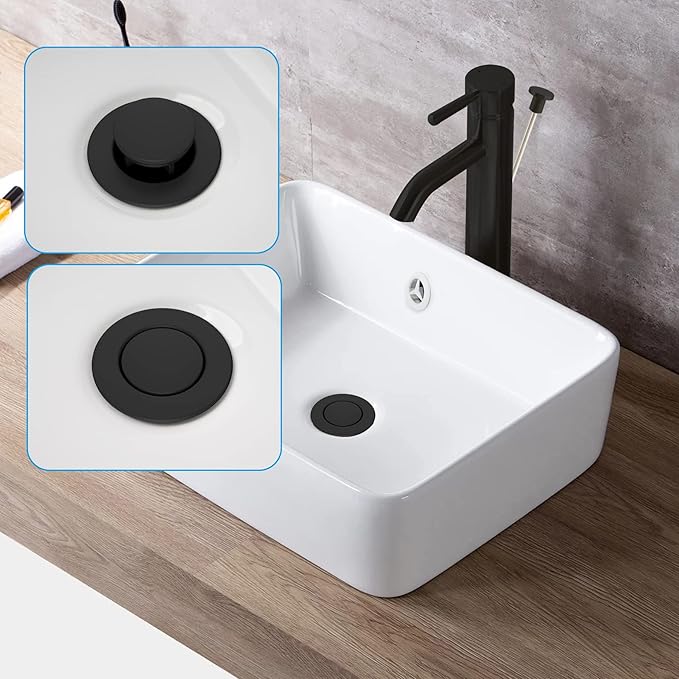 Hibbent 2 Pack Universal Bathroom Sink Drain with Overflow, Push and Seal Pop Up Drain Stopper with Lift Rod, Compatible with Moen, American Standard Bathroom Lavatory Vanity Vessel, Matte Black