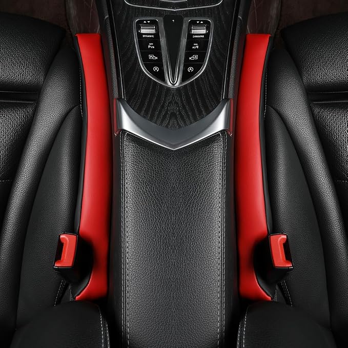 2Pack Leather Car Seat Gap Filler Anti-Drop Console Organizer, Scratch-Resistant Waterproof Easy to Clean, Fits 90% Vehicles Without Blocking Seat Movement (Black&Red)
