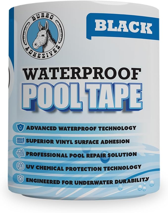 Burro Adhesives Professional Waterproof Black Pool Tape 4" x 10' – Heavy Duty PVC Vinyl Pool Repair for Underwater & Dry Applications, Dark Liners & Plumbing, Instantly Seals Leaks