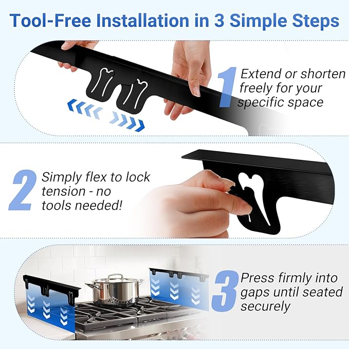 Amundo Stove Gap Covers - Stainless Steel, Stove Counter Gap Covers, Oven Gap Cover Length Retractable 13.8" to 27.5" for a Variety of Furnaces, Heat Resistant & Effectively Sealing Spills in Kitchen